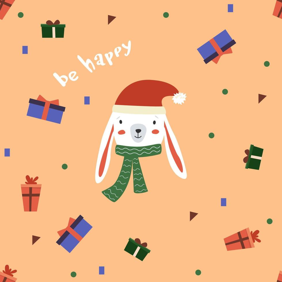 Seamless New Years Pattern With A Bunny To A Red Hat And Gift Boxes. Happy New Year And Christmas. vector