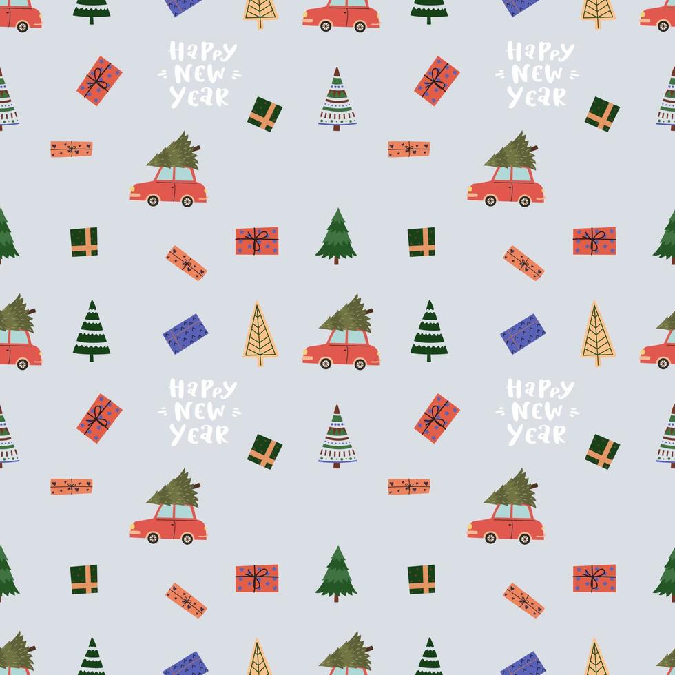 New Year Seamless Pattern With Christmas Trees, Gift Boxes And A Car. vector