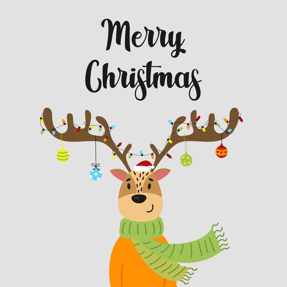 The Inscription Merry Christmas. A Deer In A Christmas Hat With Large Horns Decorated With Toys. vector