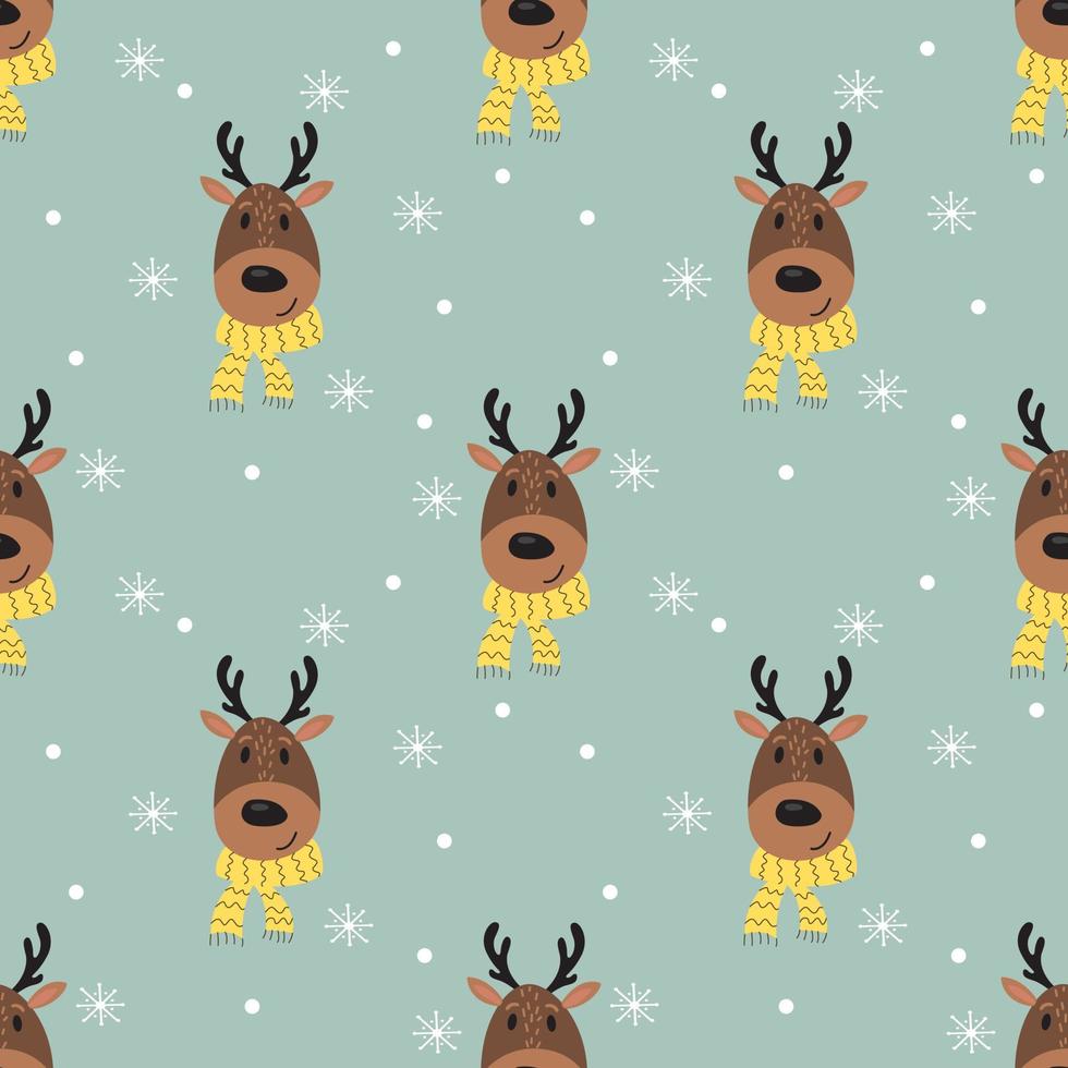 patrón sin fisuras con ciervos en bufandas sobre un fondo azul. diseño navideño. vector