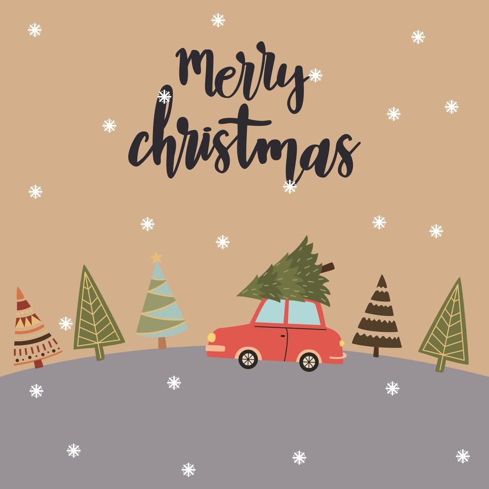 The Car Is Carrying A Christmas Tree. Christmas Or New Years Design. vector