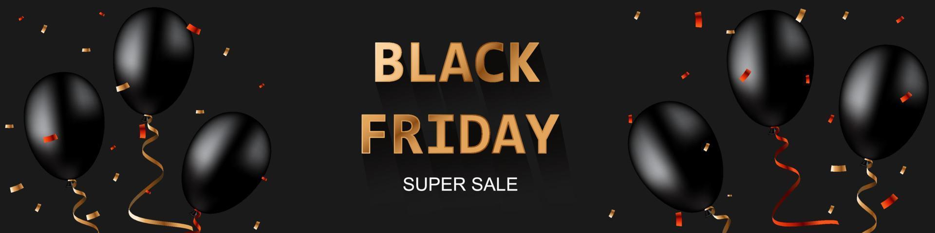 Horizontal Banner For Black Friday Sale. Black Balls With Shiny Ribbons. Golden Letters. vector