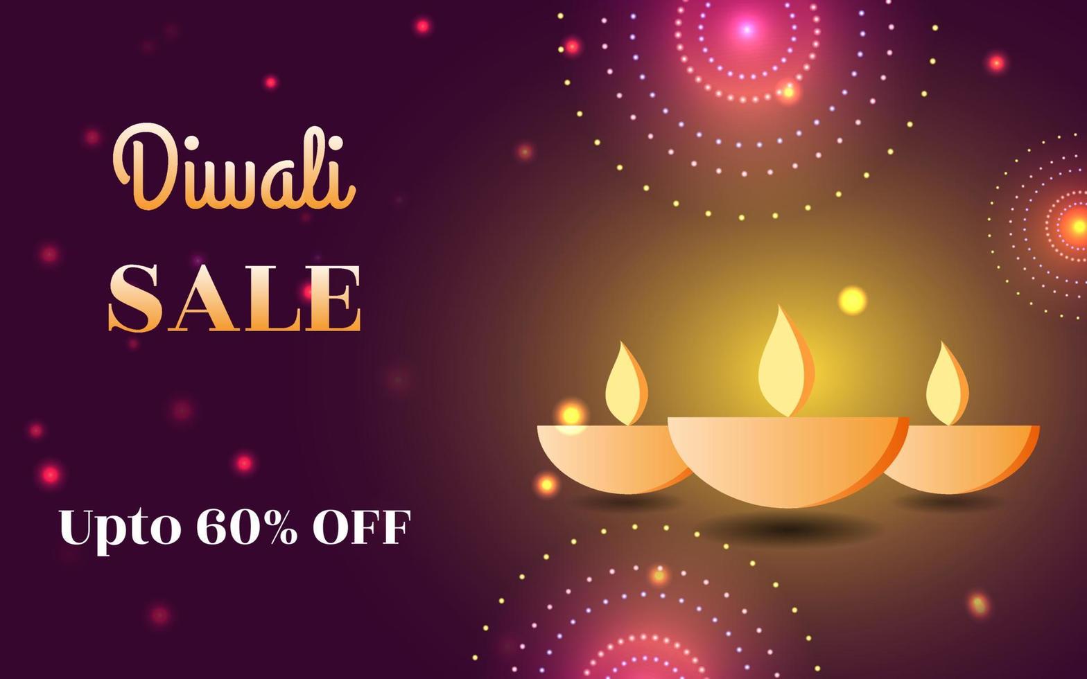 banner de venta de feliz diwali con tres lámparas de aceite de diya, banner de ventas de diwali creativo para sus promociones de diwali, banner de ventas de diwali en gradiente simple, banner de ventas para publicidad en redes sociales. vector