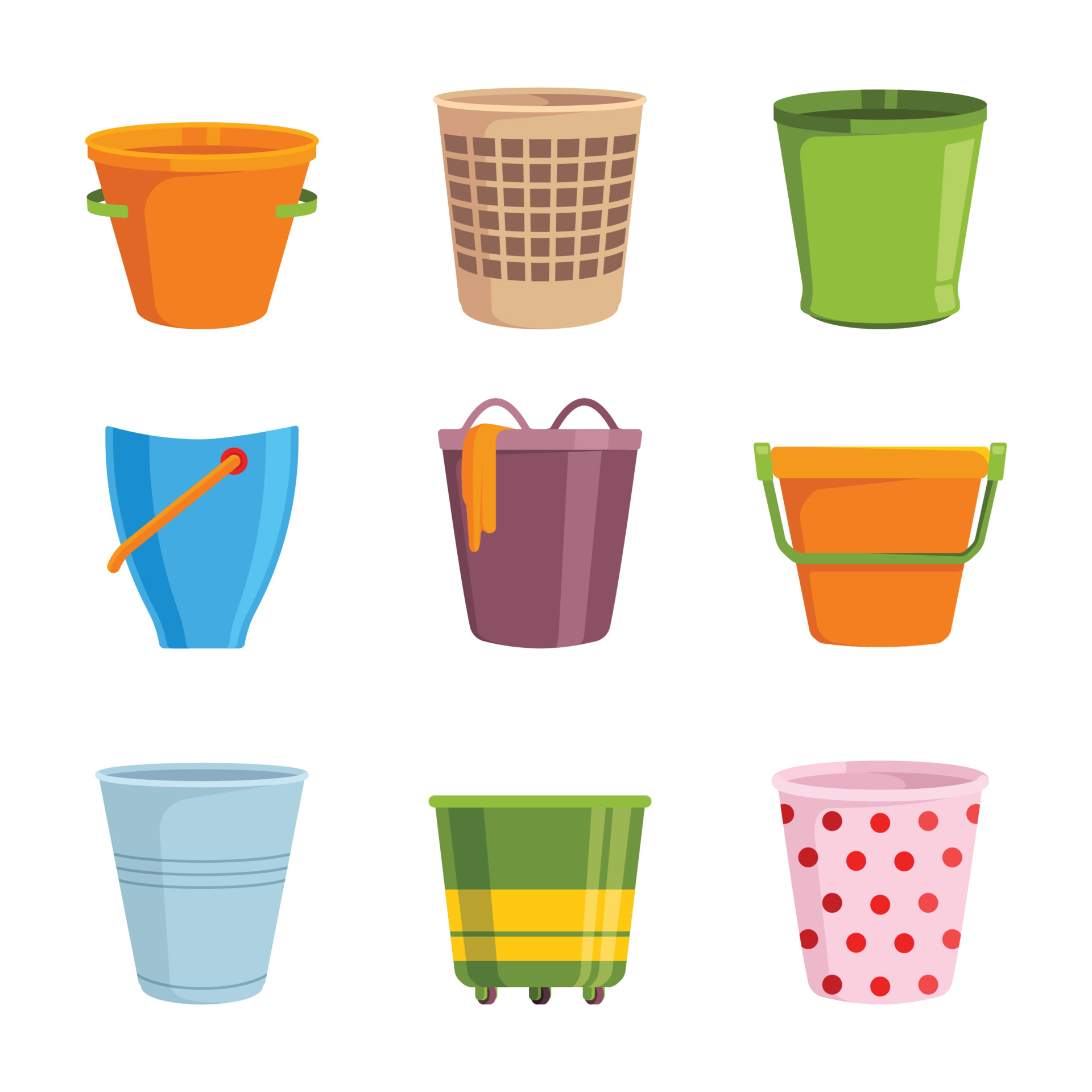 Empty bucket metal plastic wooden buckets collection containers garbage vector collection