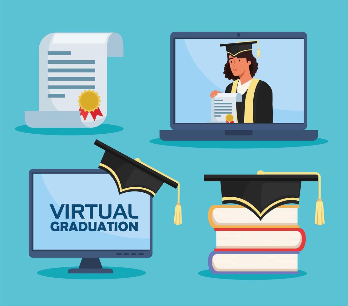 iconos de ceremonia de graduación virtual vector
