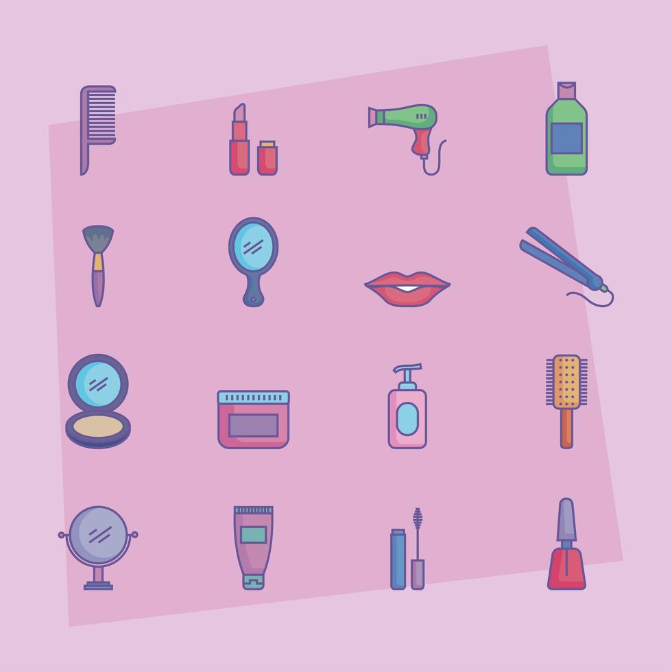 dieciséis iconos de productos de belleza vector