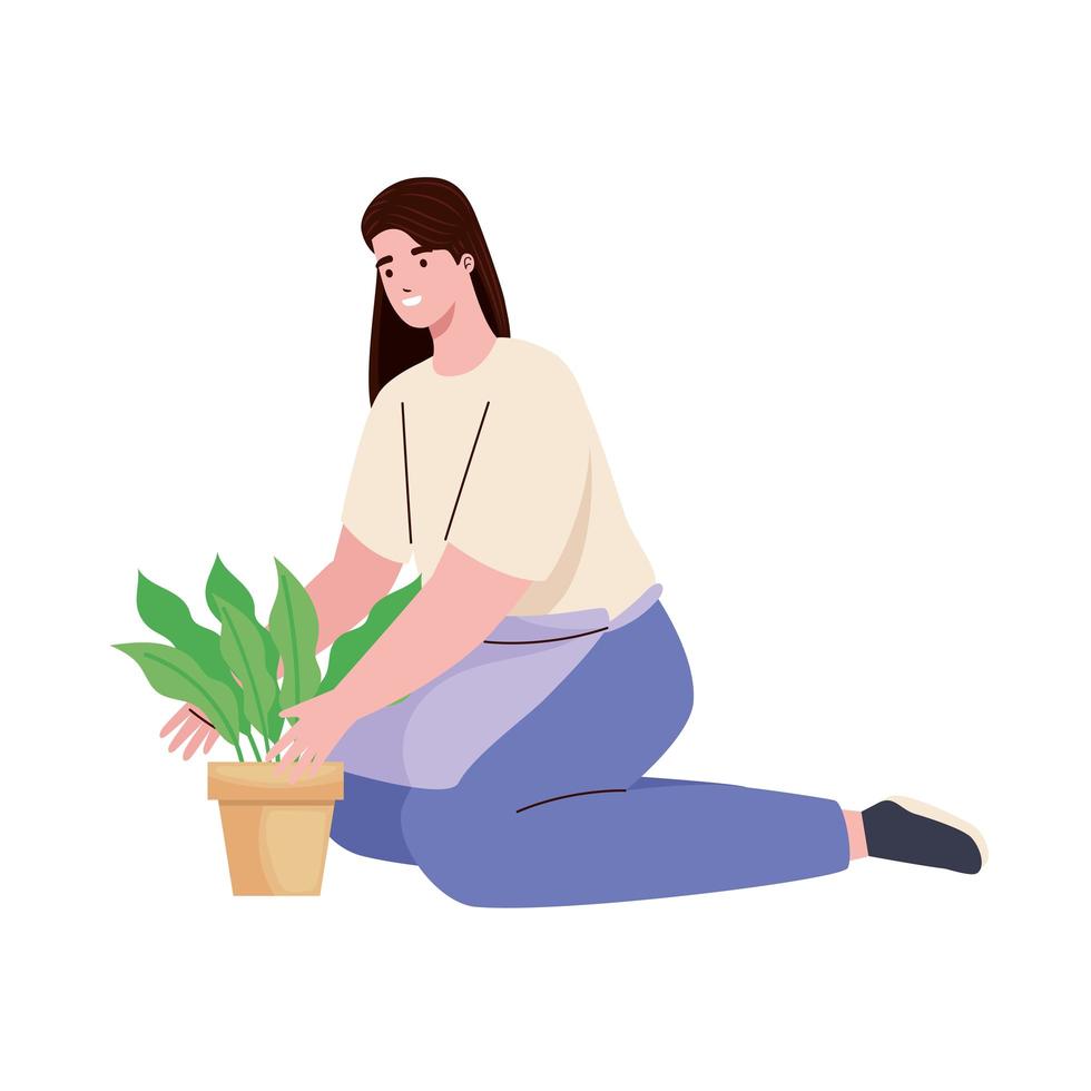 mujer sentada con planta vector