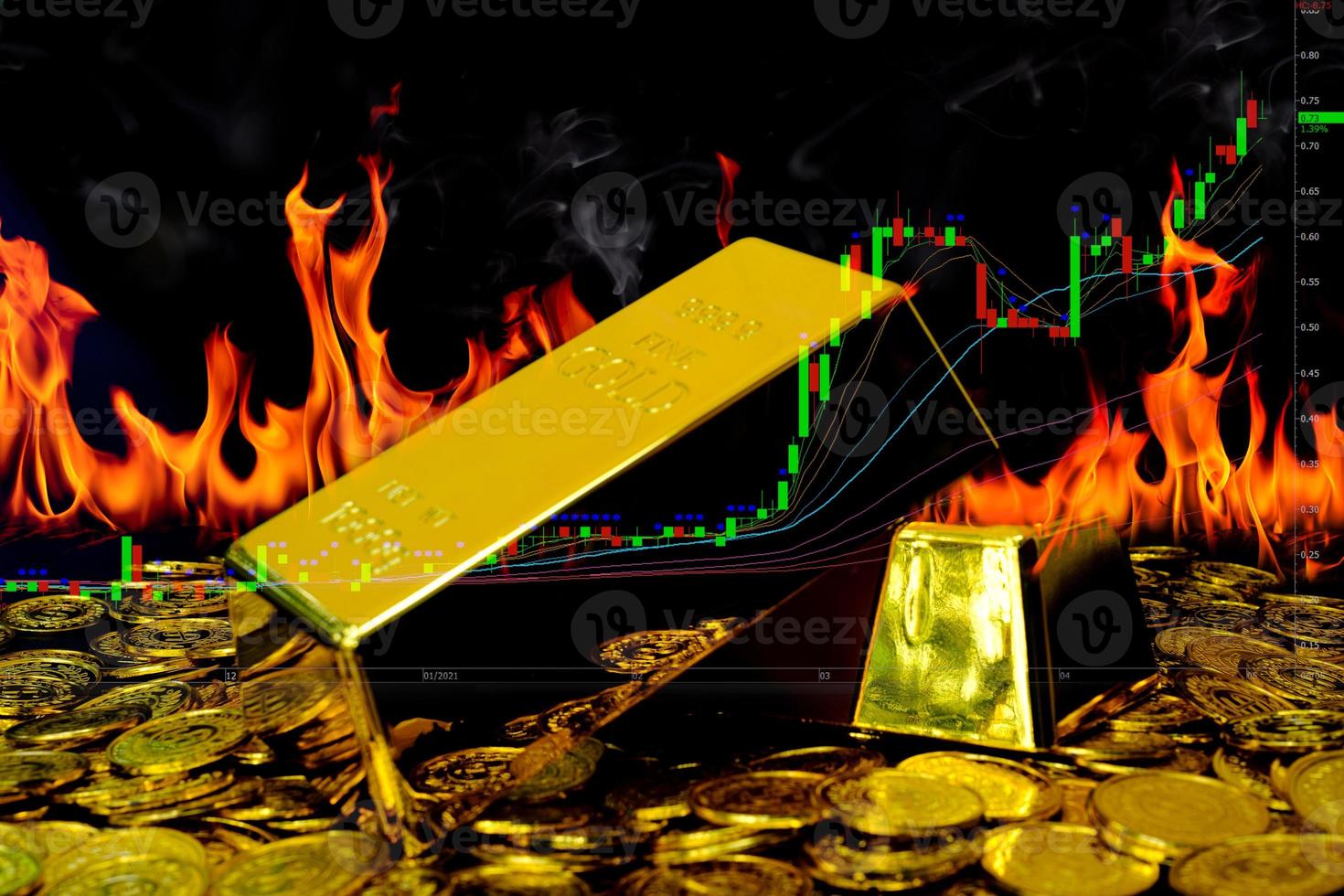 Gold bullion on pile gold coins at fire flame trading and chart background photo