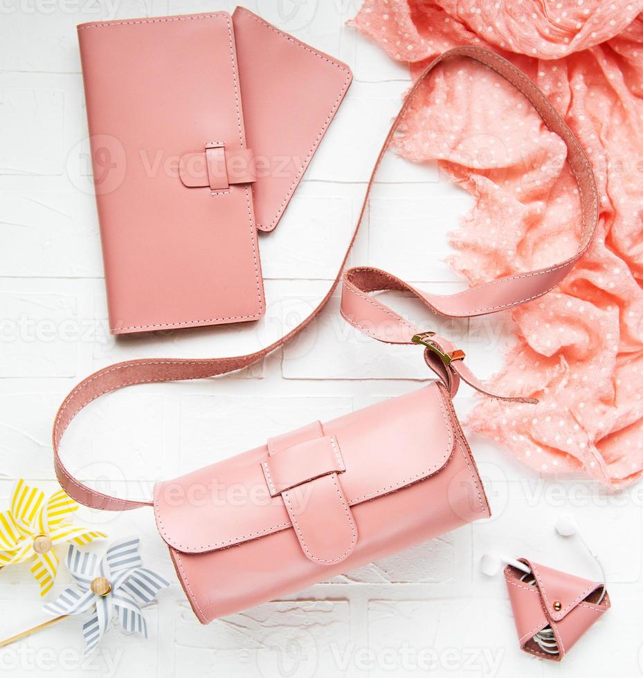 Pink leather bags and accessories photo