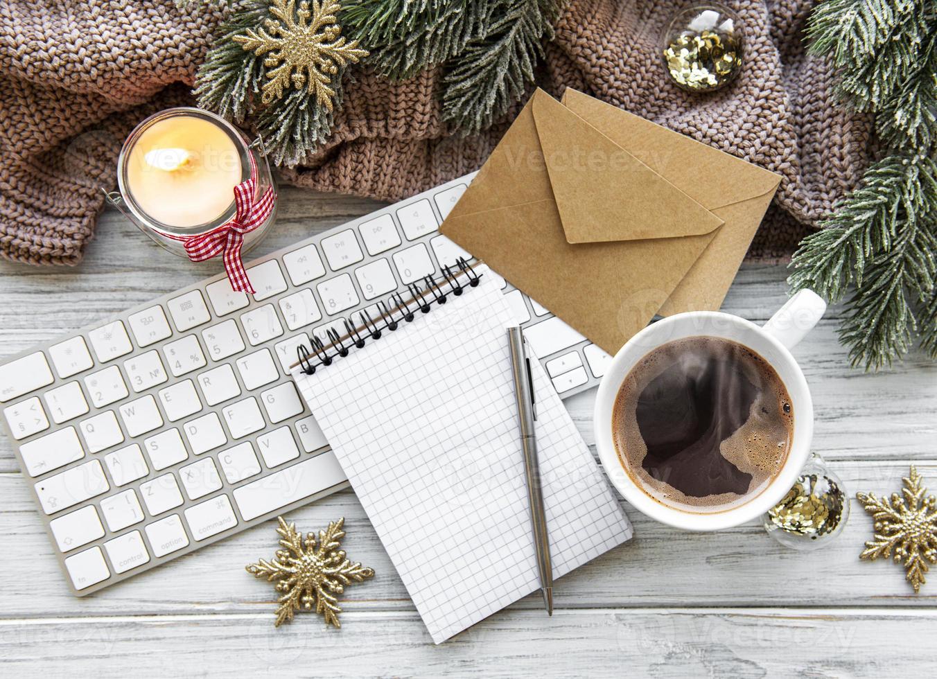 Flat lay Christmas home office photo