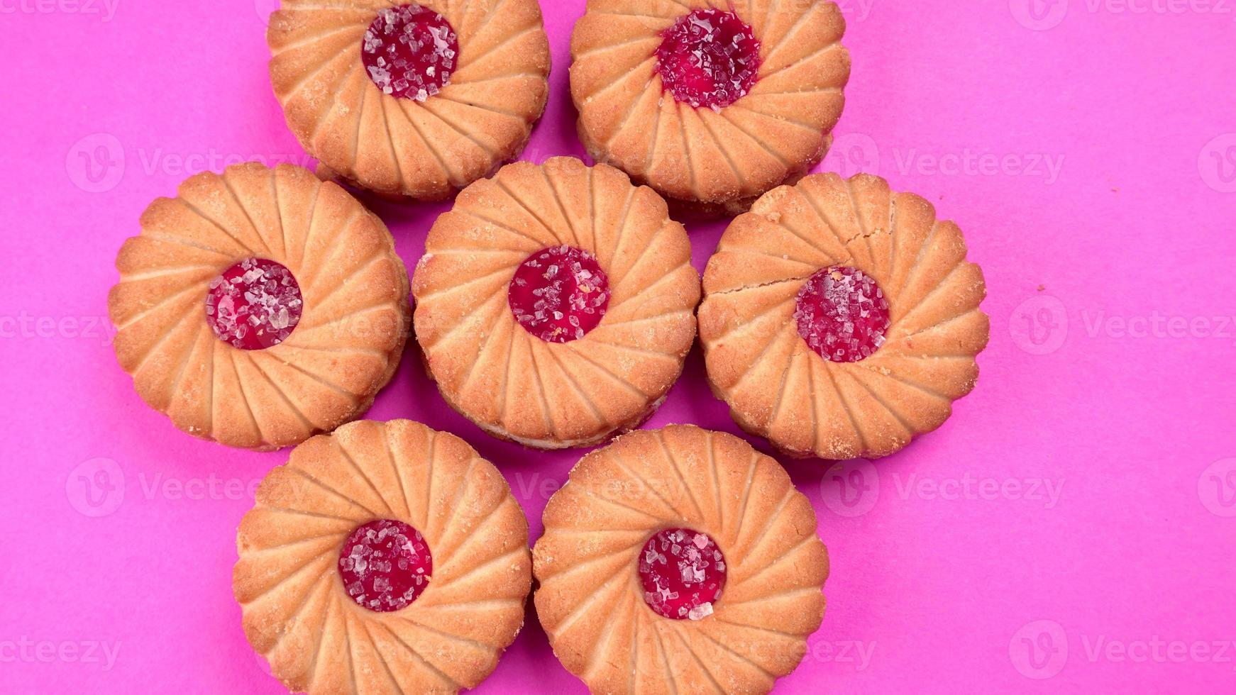 Top view of Sweet jam biscuits. Sandwich biscuits or Cream biscuits isolated. photo