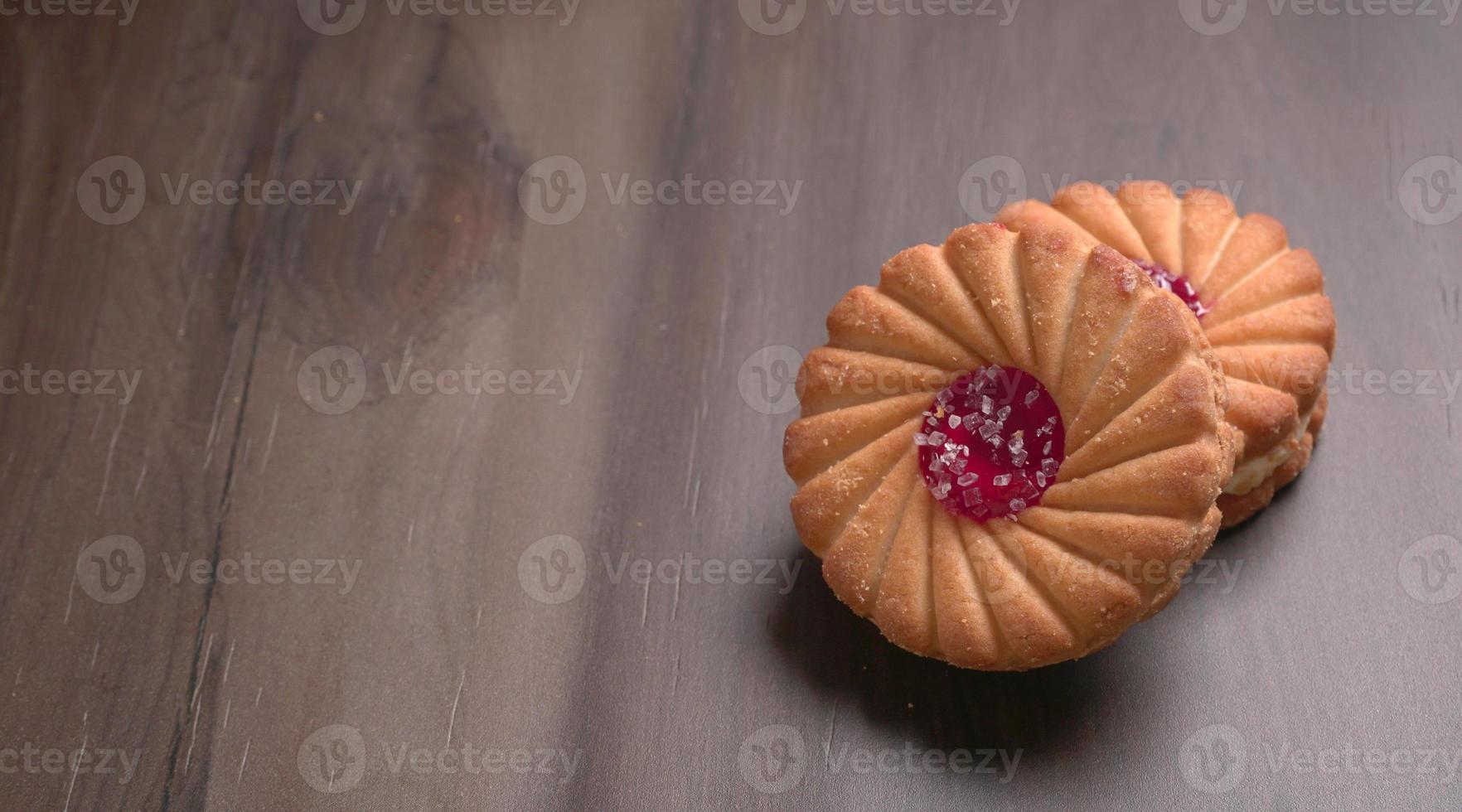 Top view of Sweet jam biscuits. Sandwich biscuits or Cream biscuits isolated. photo