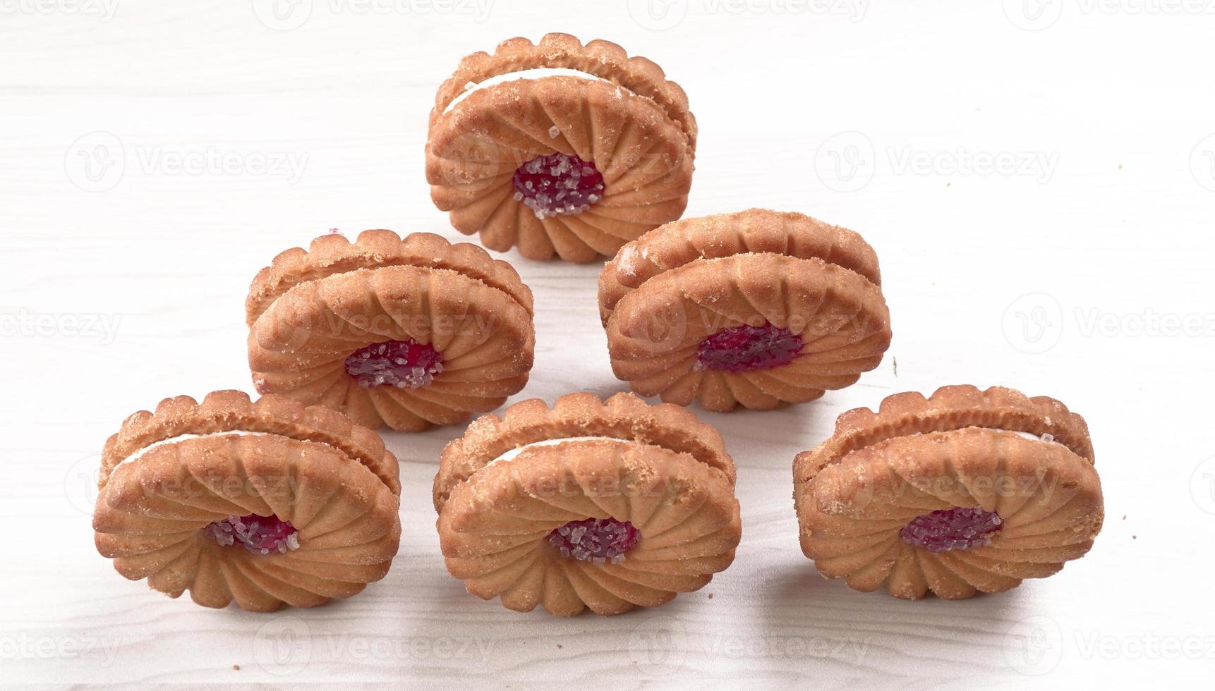 Top view of Sweet jam biscuits. Sandwich biscuits or Cream biscuits isolated. photo