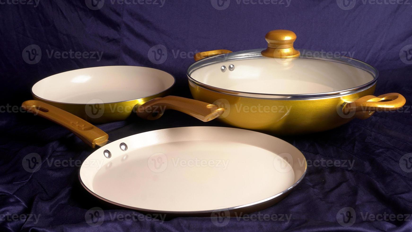 Pots and pans. Set of cooking kitchen utensils and cookware. photo