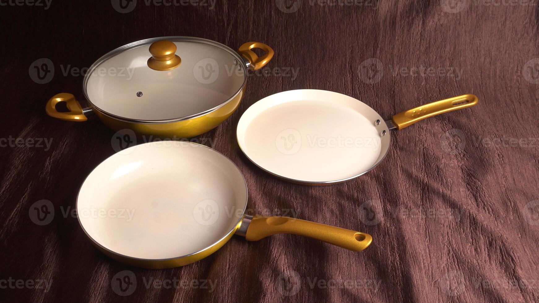 Pots and pans. Set of cooking kitchen utensils and cookware. photo