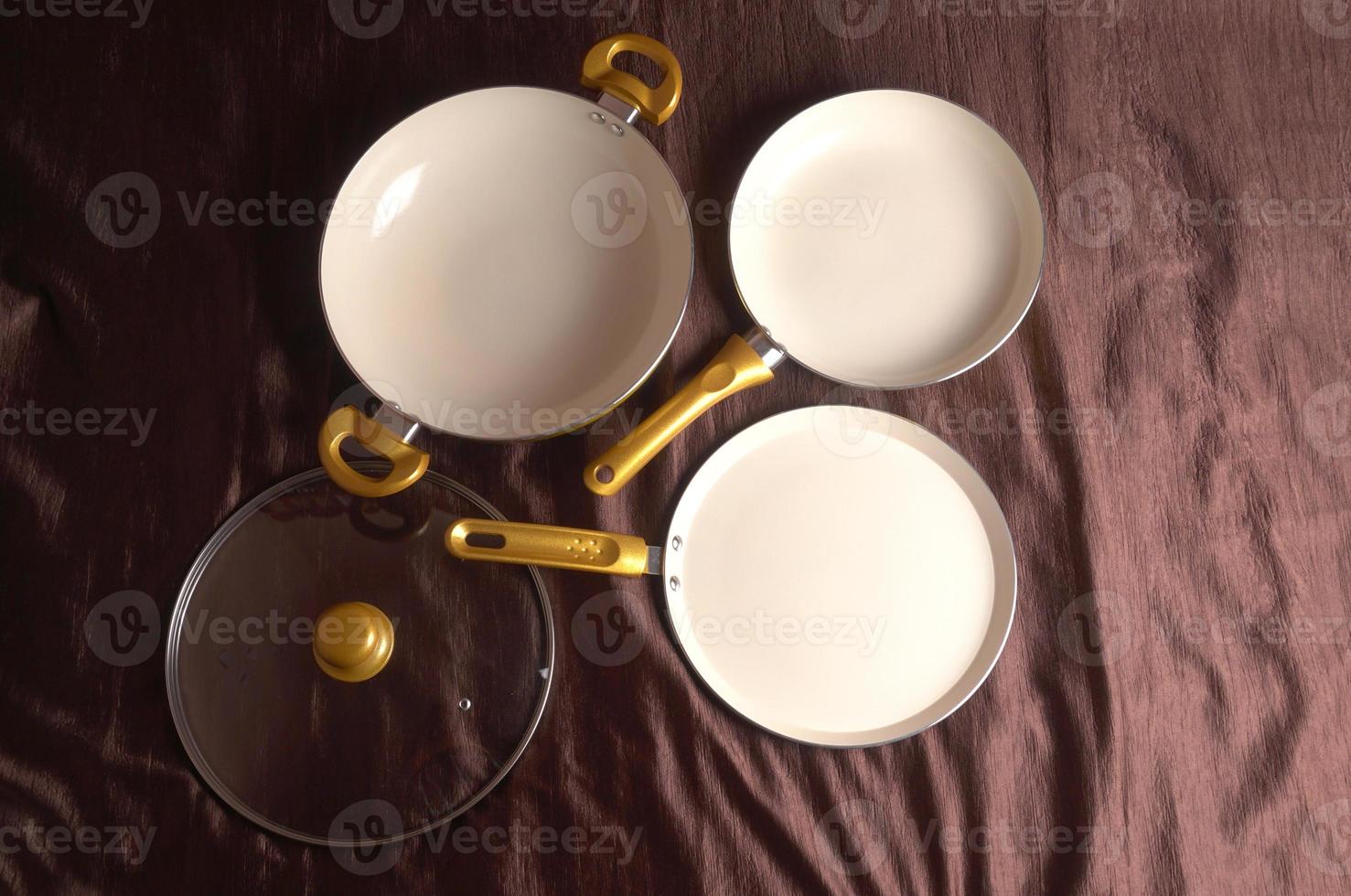Pots and pans. Set of cooking kitchen utensils and cookware. photo