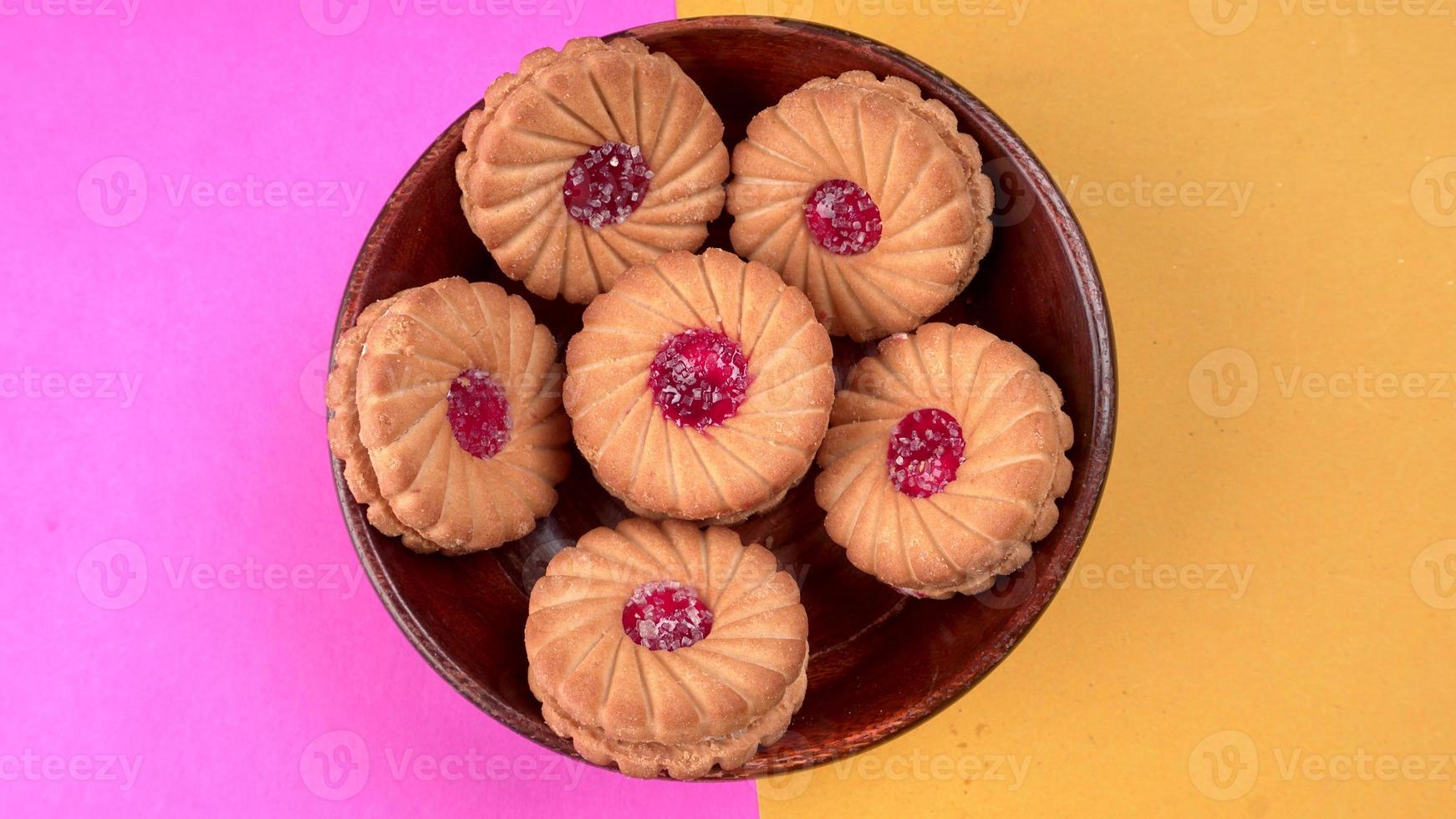 Top view of Sweet jam biscuits. Sandwich biscuits or Cream biscuits isolated. photo