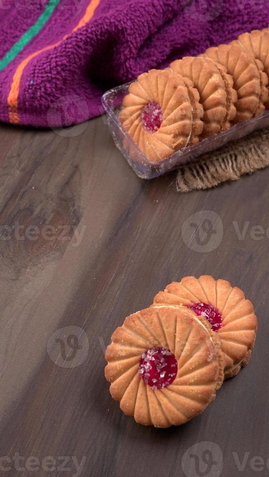 Top view of Sweet jam biscuits. Sandwich biscuits or Cream biscuits isolated. photo
