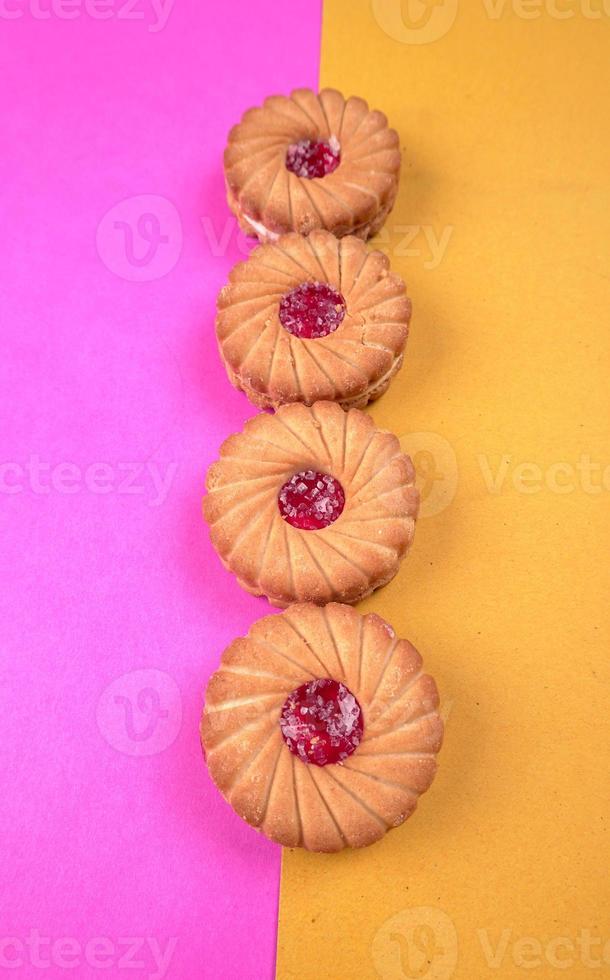 Top view of Sweet jam biscuits. Sandwich biscuits or Cream biscuits isolated. photo