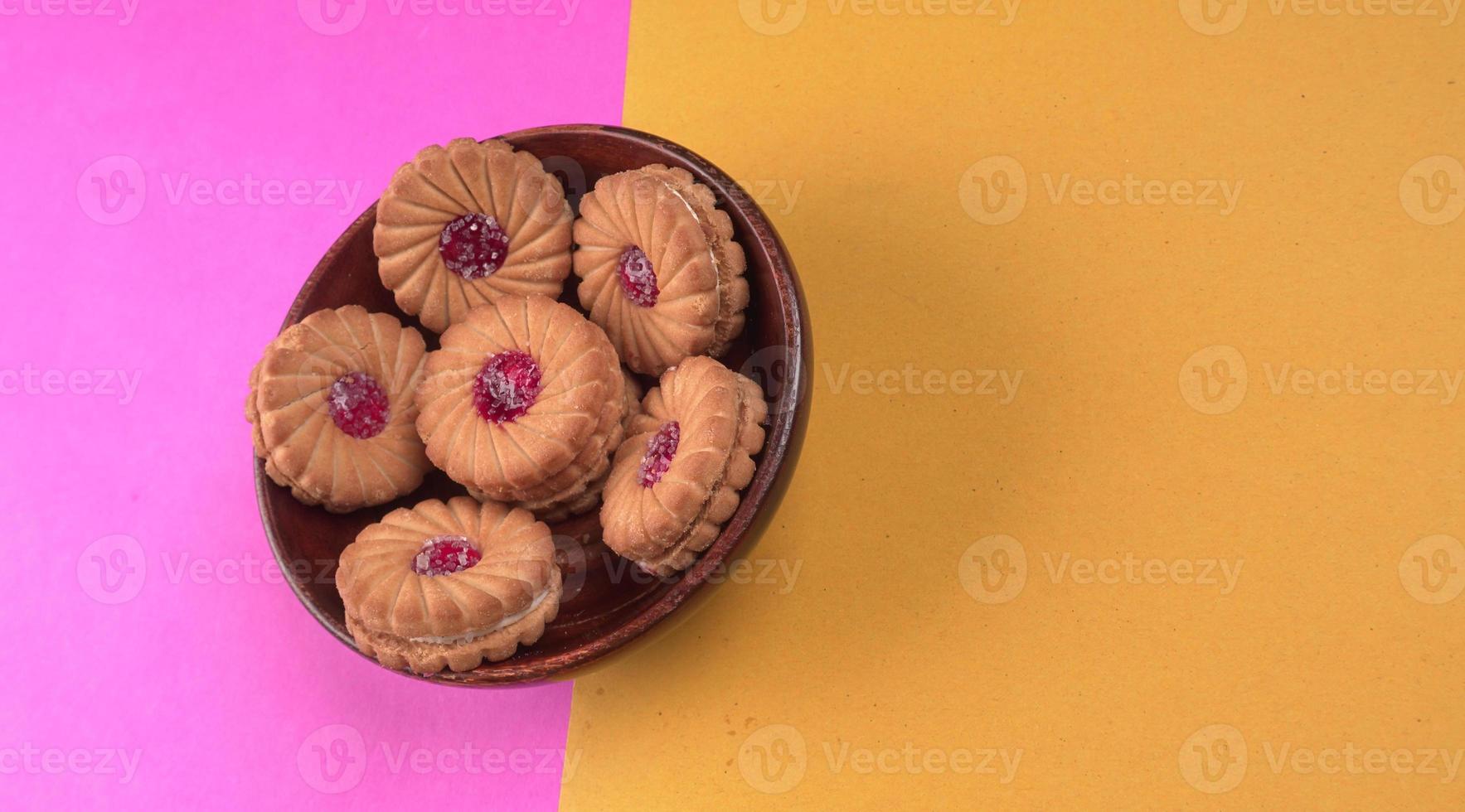 Top view of Sweet jam biscuits. Sandwich biscuits or Cream biscuits isolated. photo