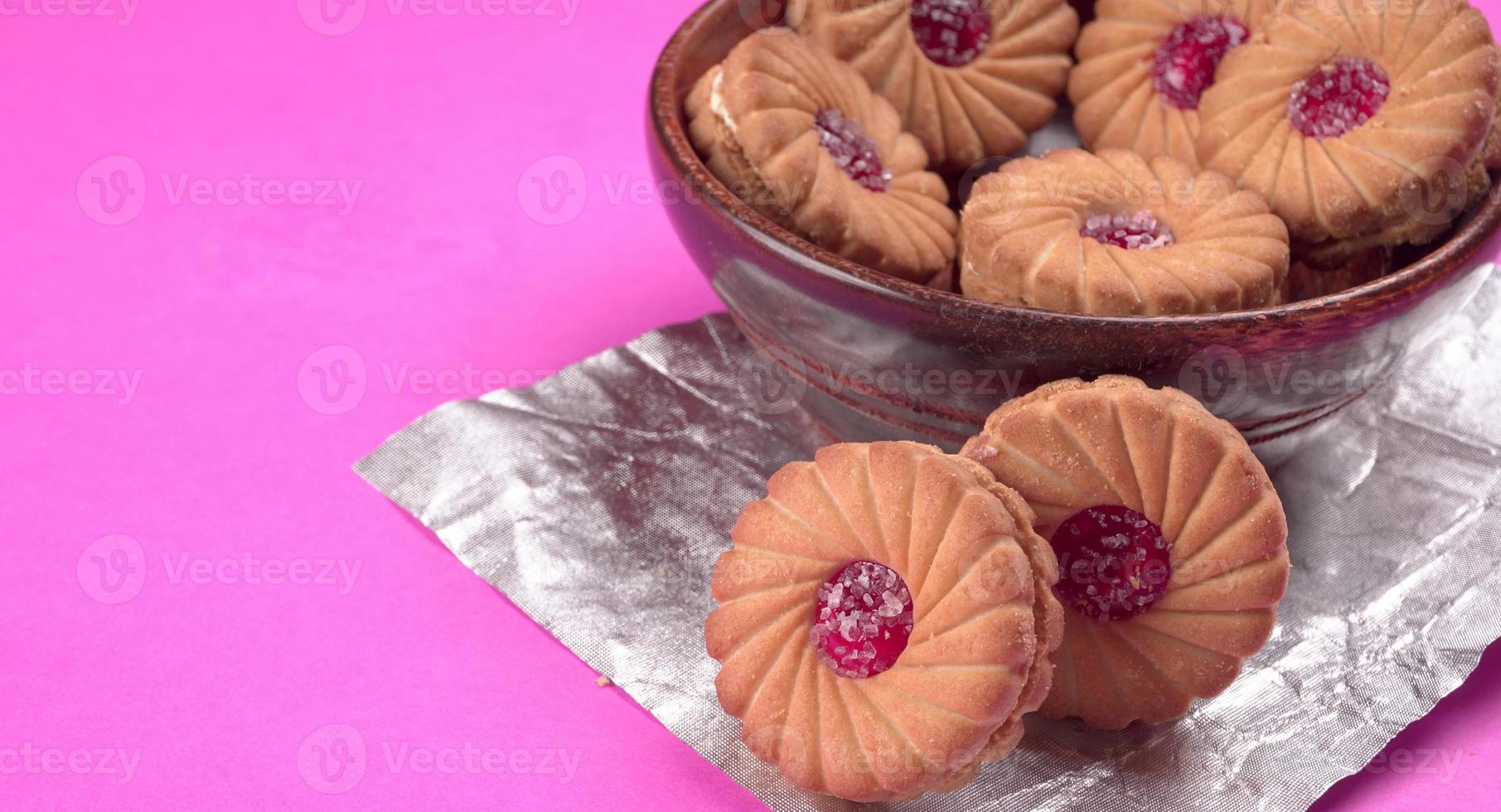 Top view of Sweet jam biscuits. Sandwich biscuits or Cream biscuits isolated. photo