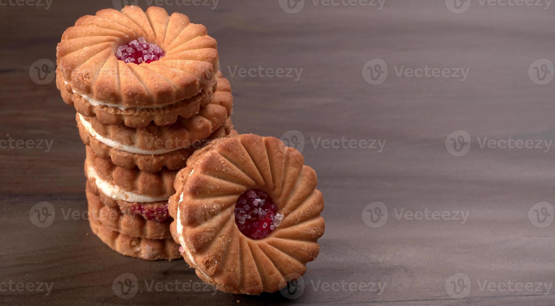 Top view of Sweet jam biscuits. Sandwich biscuits or Cream biscuits isolated. photo