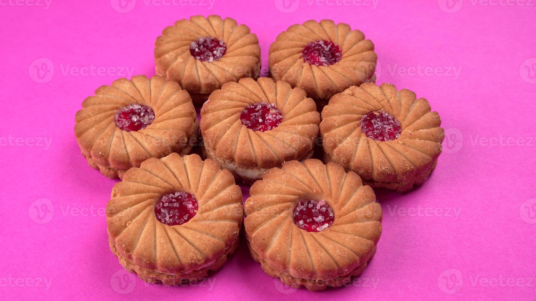 Top view of Sweet jam biscuits. Sandwich biscuits or Cream biscuits isolated. photo