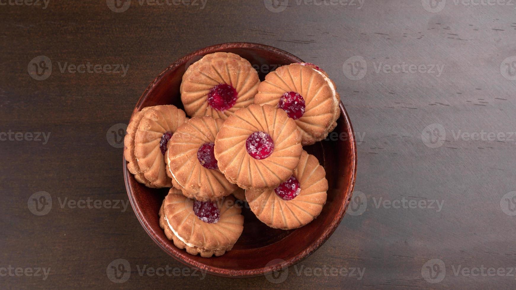 Top view of Sweet jam biscuits. Sandwich biscuits or Cream biscuits isolated. photo