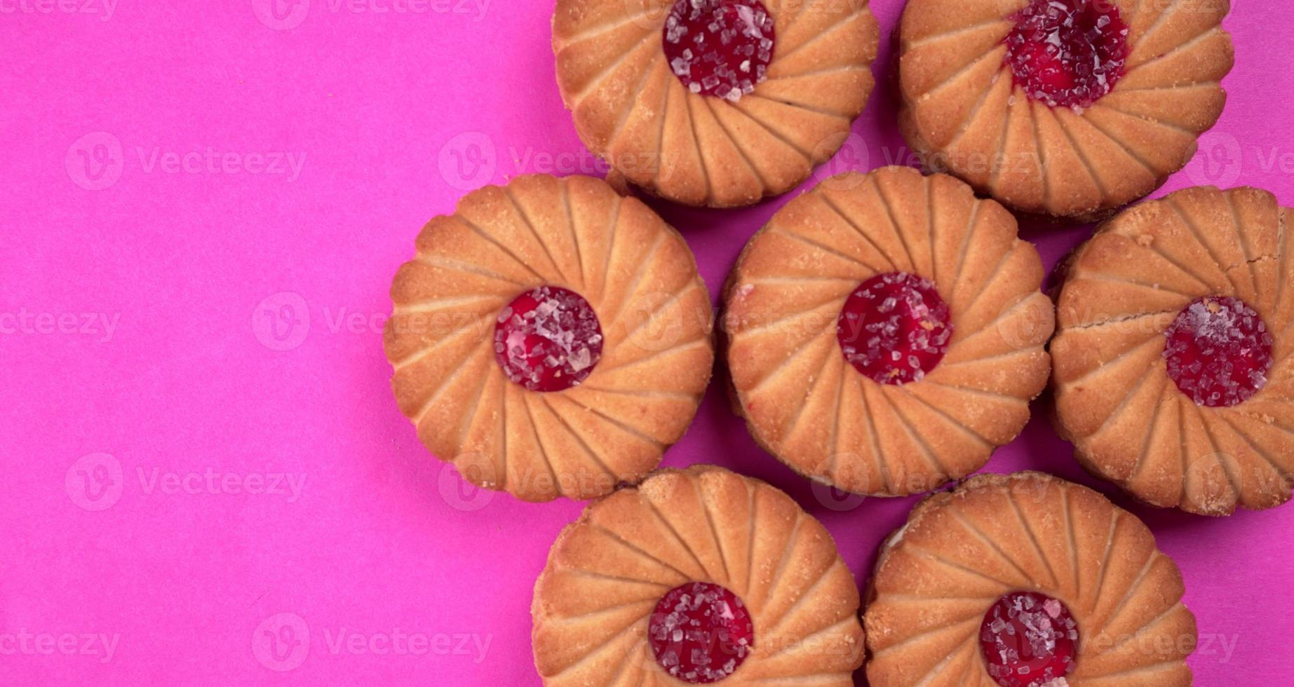 Top view of Sweet jam biscuits. Sandwich biscuits or Cream biscuits isolated. photo