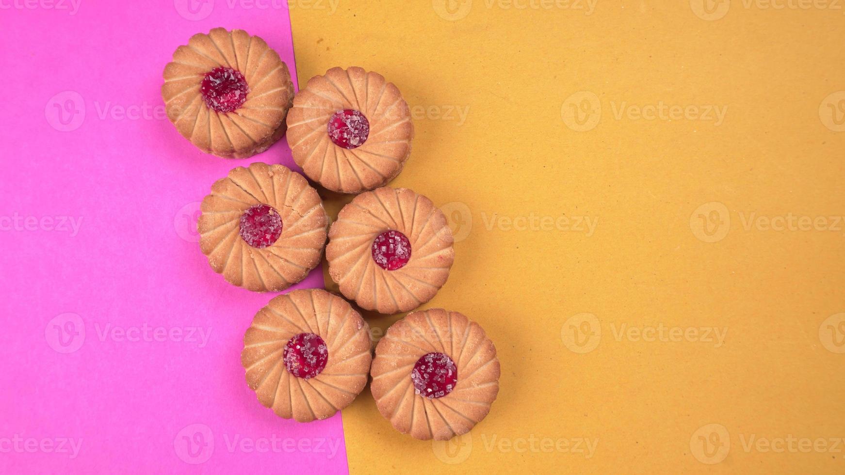 Top view of Sweet jam biscuits. Sandwich biscuits or Cream biscuits isolated. photo