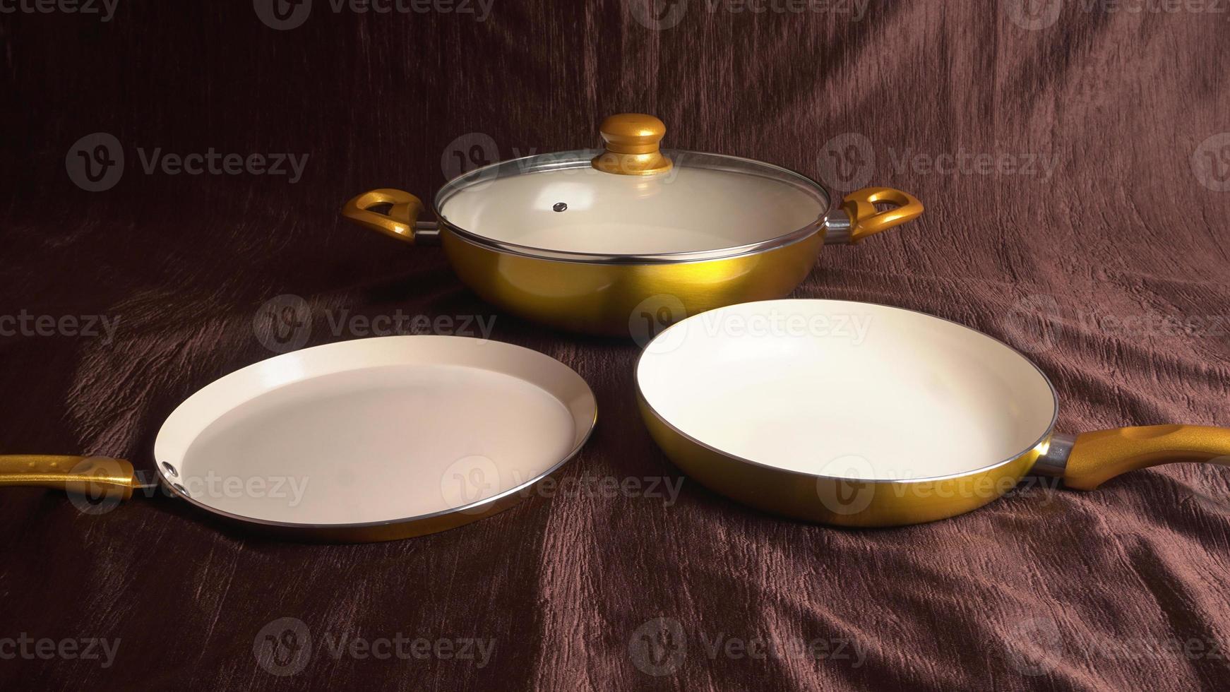 Pots and pans. Set of cooking kitchen utensils and cookware. photo