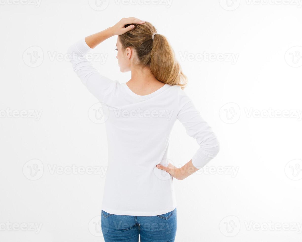 back view of young caucasian, europian woman, girl in blank white t-shirt. t shirt design and people concept. Shirts front view isolated on white background. Mock up. Copy space. photo