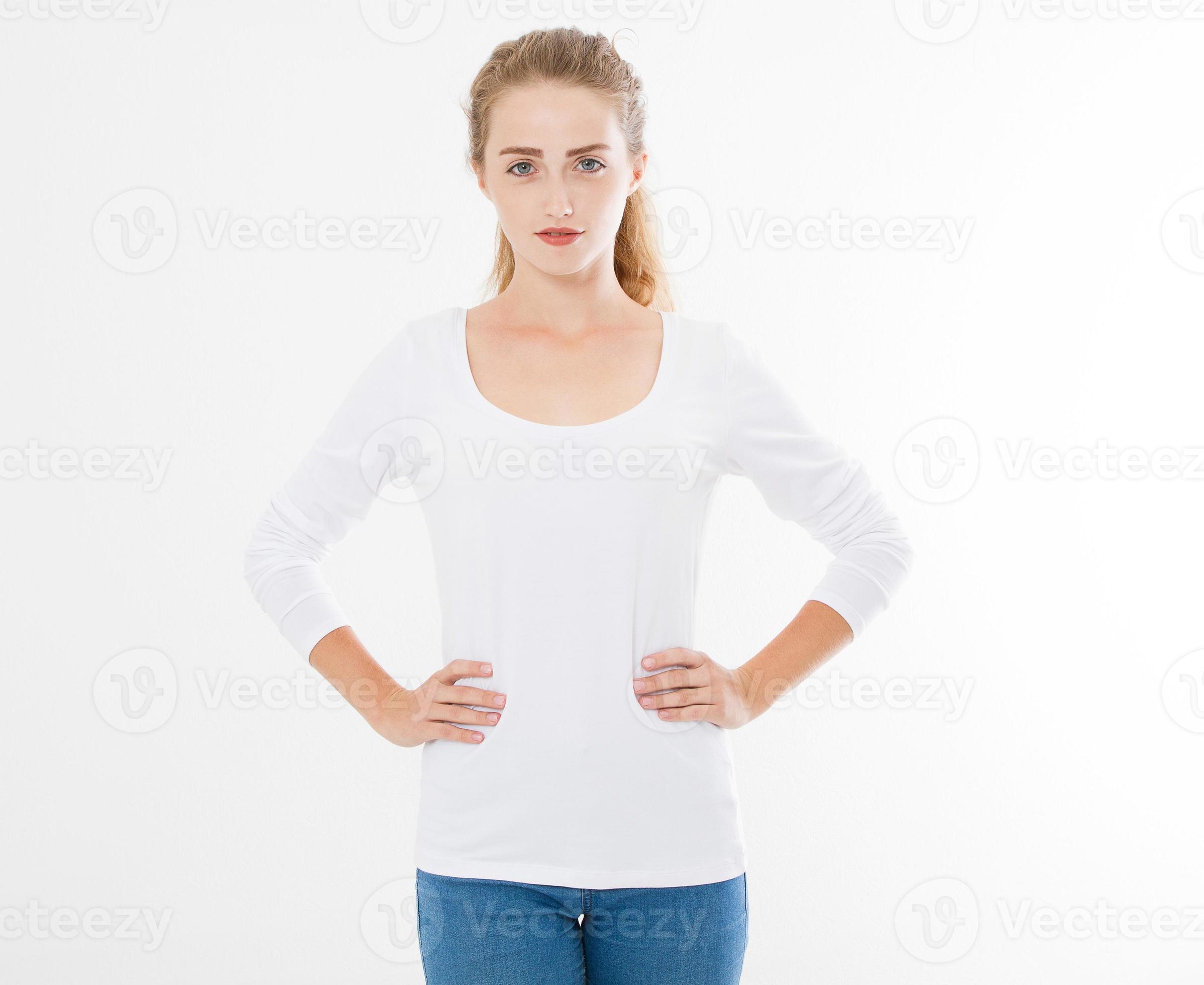 young caucasian, europian woman, girl in blank white t-shirt. t shirt ...