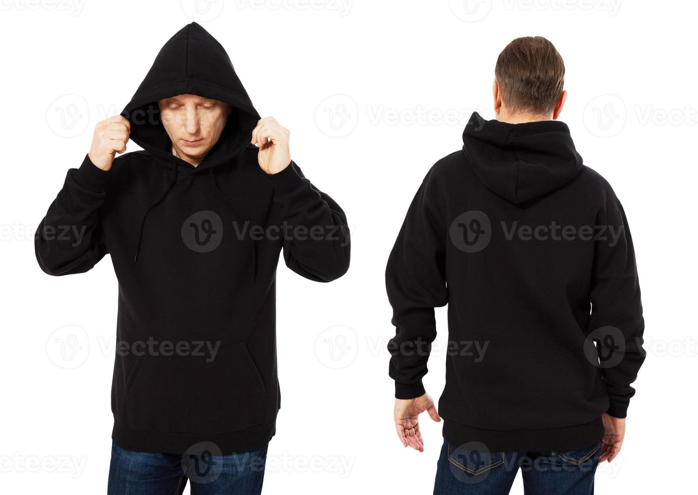 hombre en plantilla sudadera con capucha negra para hombre aislada sobre fondo blanco. Hombre en sudadera con capucha negra en blanco con espacio de copia y maqueta para impresión de logotipo de diseño, vista frontal y posterior. hombre de mediana edad foto