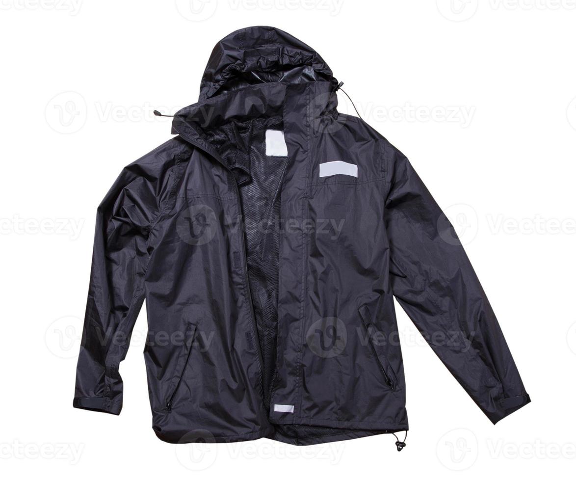 Chaqueta de lluvia negra vista superior aislada, ropa de algodón sobre fondo blanco, chaqueta de hombre azul foto