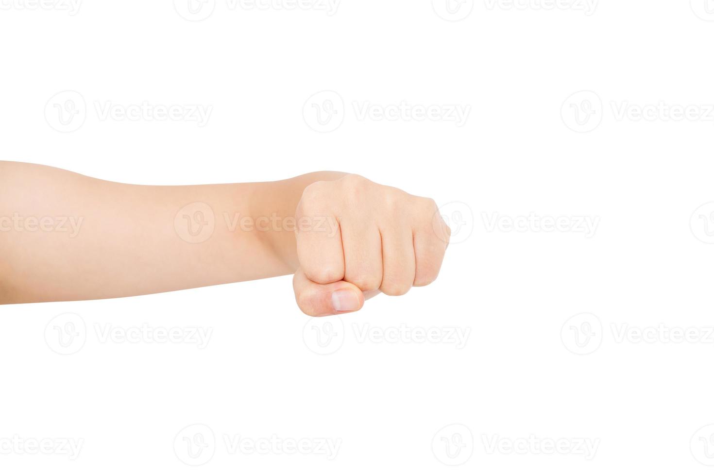 Hand gesture. Woman clenched fist, ready to punch, isolated on white, close-up, copy space, activity concept,feminism photo