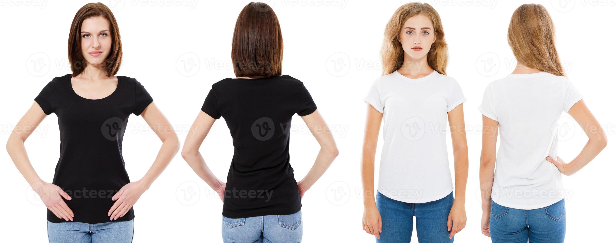 T-shirt set. Front and back view Brunette and Blonde in white and black t shirt isolated. Two girl in blank shirt, Mock up, Collage, Copy space, Template photo