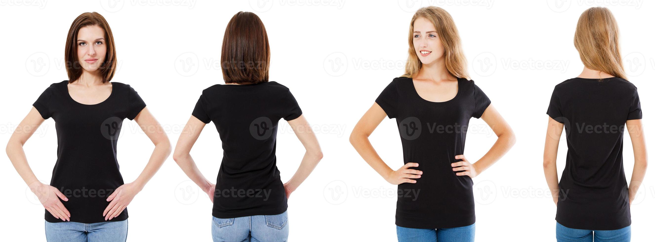 T-shirt set. Front and rear Brunette and Blonde in black t shirt isolated on white background. Two girl in blank shirt, Mock up, Collage, Copy space, Template photo