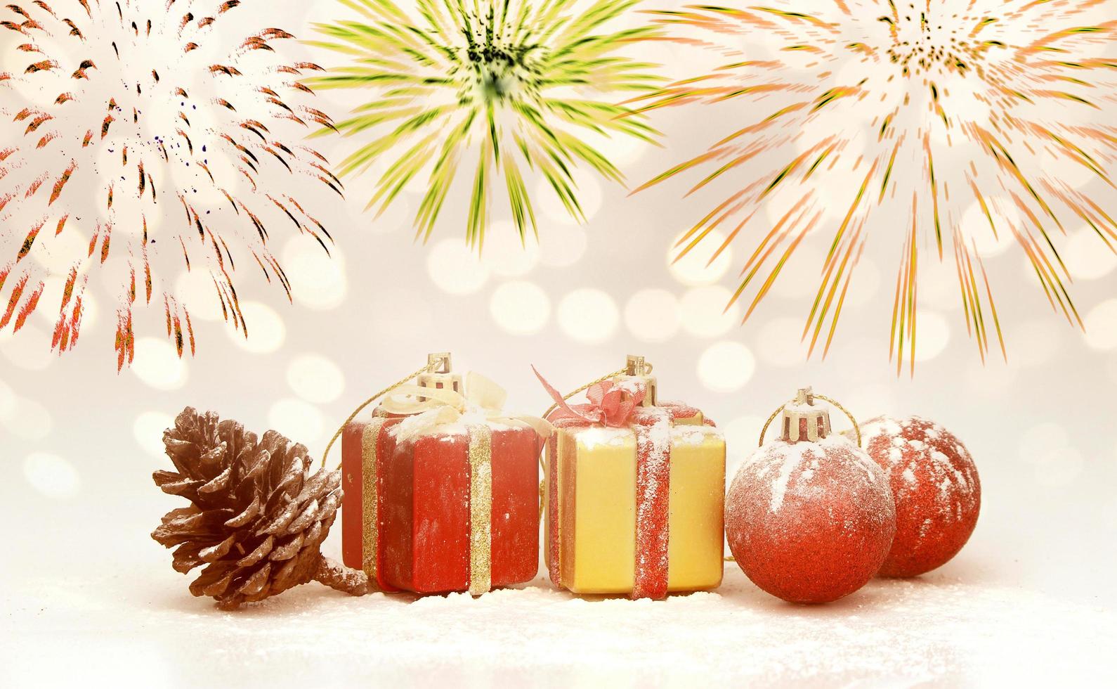 Christmas decorations with fireworks background photo