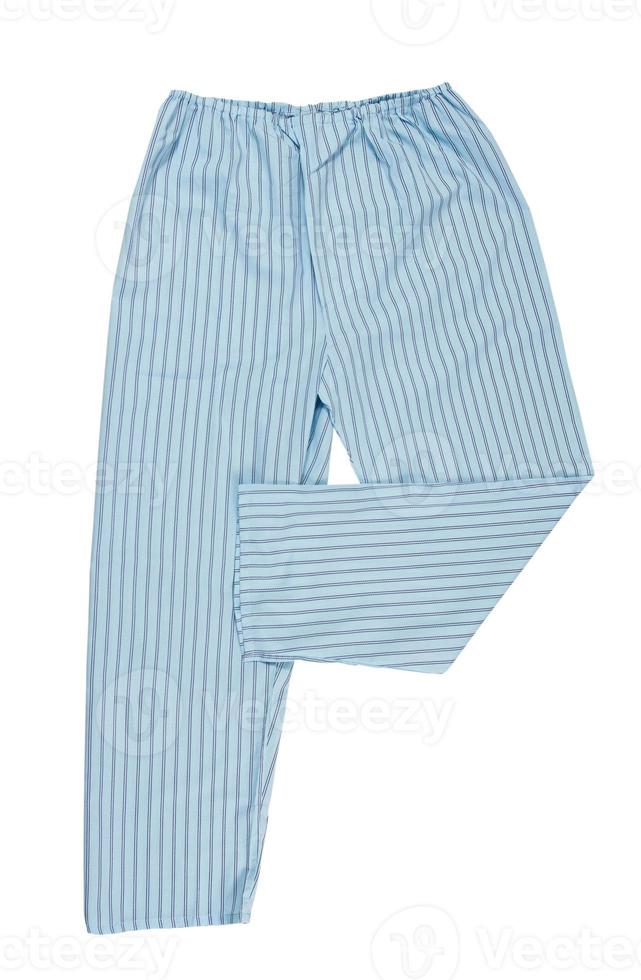 Sleep pants isolated. Women's pajama pants of blue color isolated on white, top view. photo