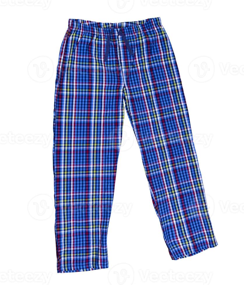 Pajamas pants isolated on white background. Plaid sleep pants close up photo