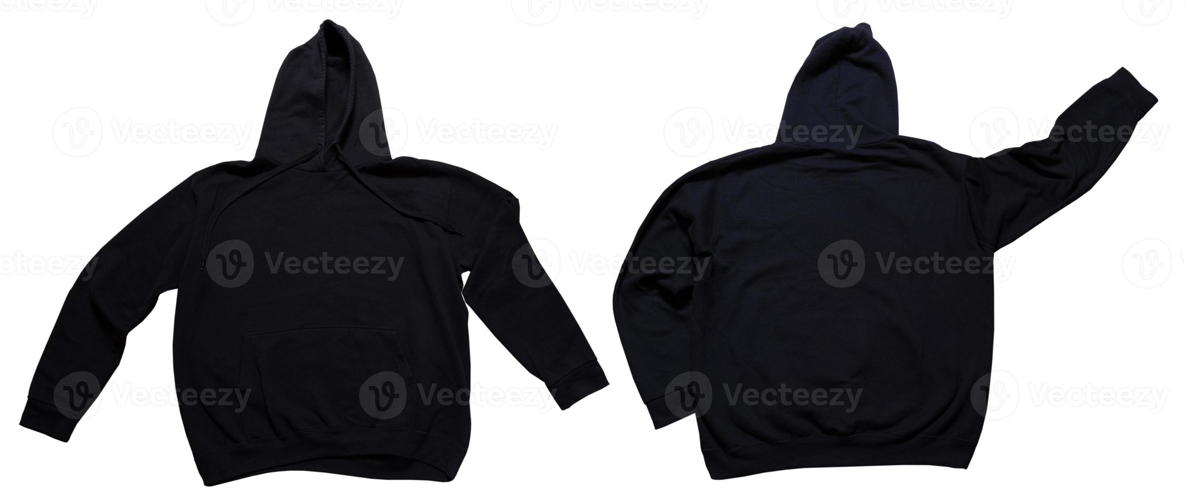 Black hoodie mock up set front and back view. Hoody isolated on wgite background, sweatshirt mock up. Hoodie mockup isolated over white photo