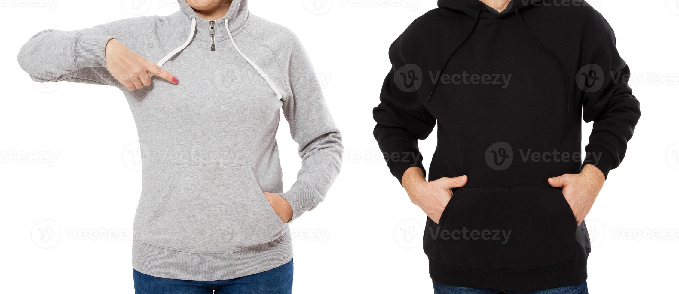 Woman and man in hoodie mock up isolated on white background copy space template. Empty sweatshirt blank template photo