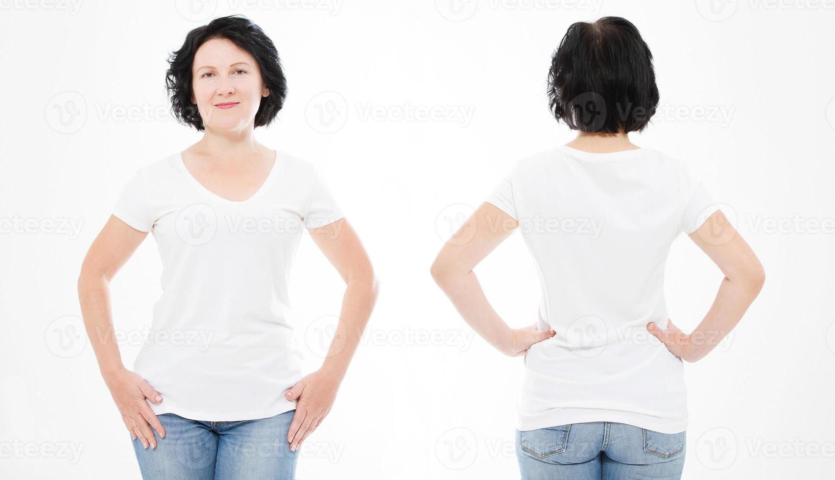 Front and back views of middle age woman in t shirt on white background. Collage or set. Mock up for design. Copy space. Template. Blank photo