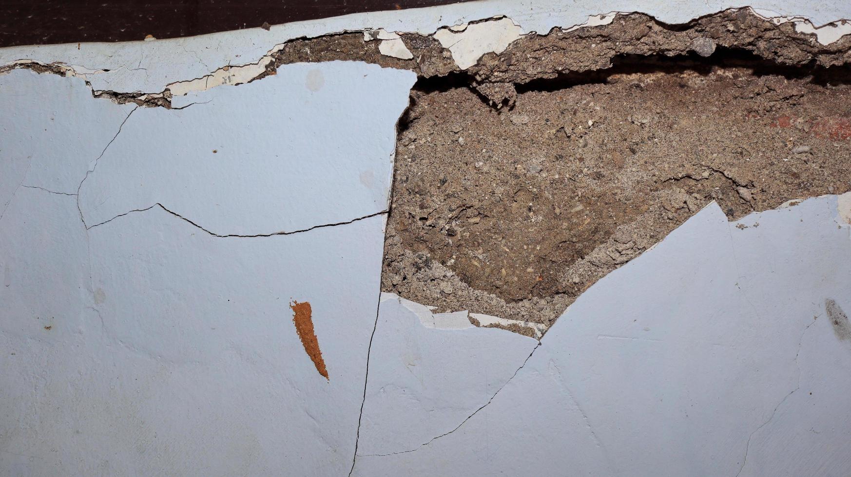 Cement wall collapse. Cracked concrete old wall. dangerous, damaged building structure. photo