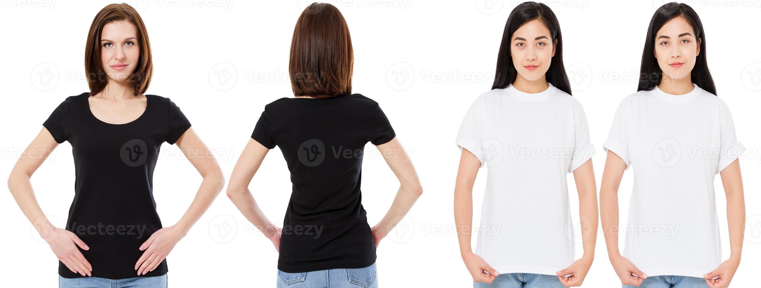 korean and white woman in blank white and black t-shirt  front and back views, mock up, design template photo