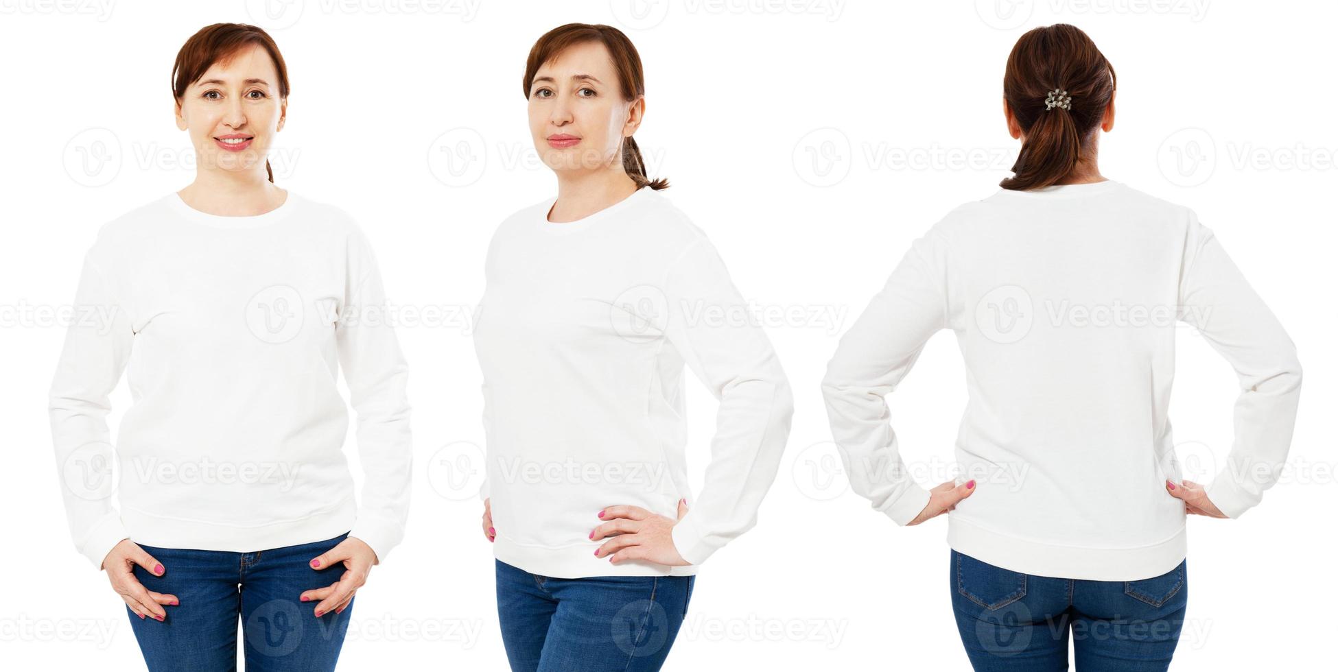 Blank white sweatshirt mock up set isolated, front, back and side view. Middle-aged woman wear white pullover mockup. Plain hoody design presentation. Textile white loose overall model. photo