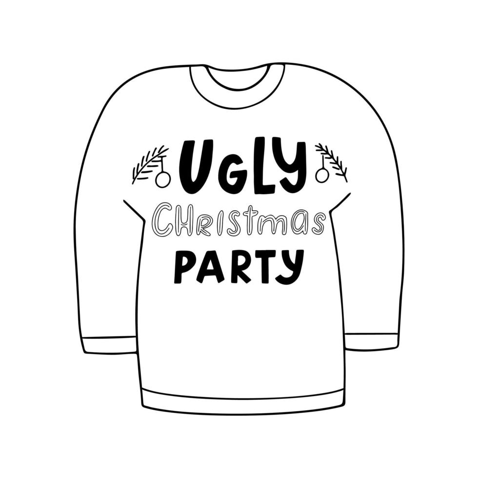 Hand drawn black and white Ugly Christmas Party lettering winter sweater icon. Vector doodle illustration for holiday design