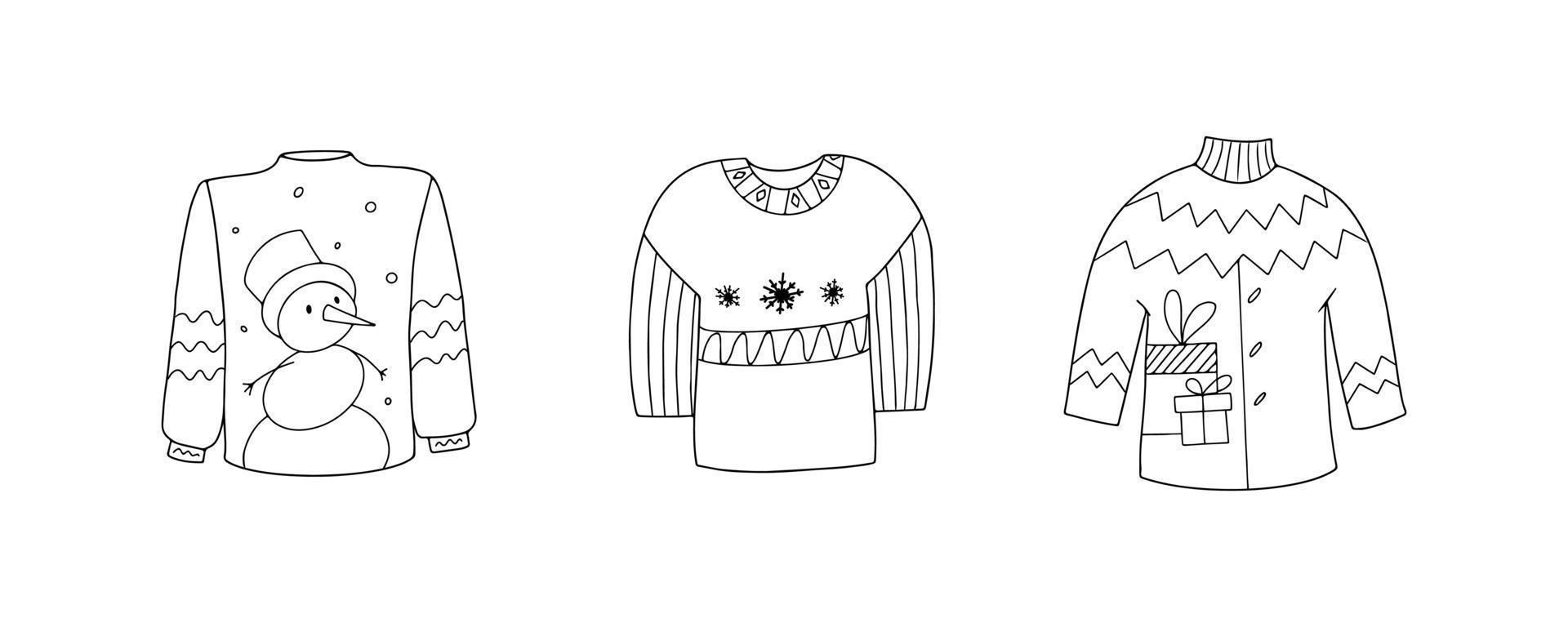 Hand drawn Ugly Sweater set. Collection of linear black and white winter sweaters for the holiday. Vector doodle illustration