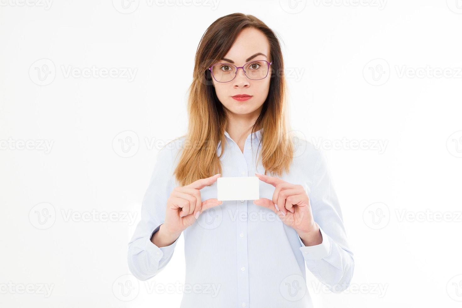 Beautiful businesswoman with businesscard isolated on white background.Young girl posing with card. Copy space photo